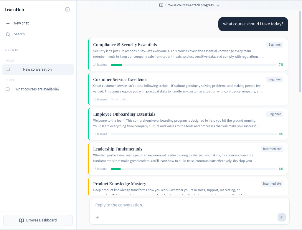 LMSMore AI Mode showing conversational learning interface with course browsing