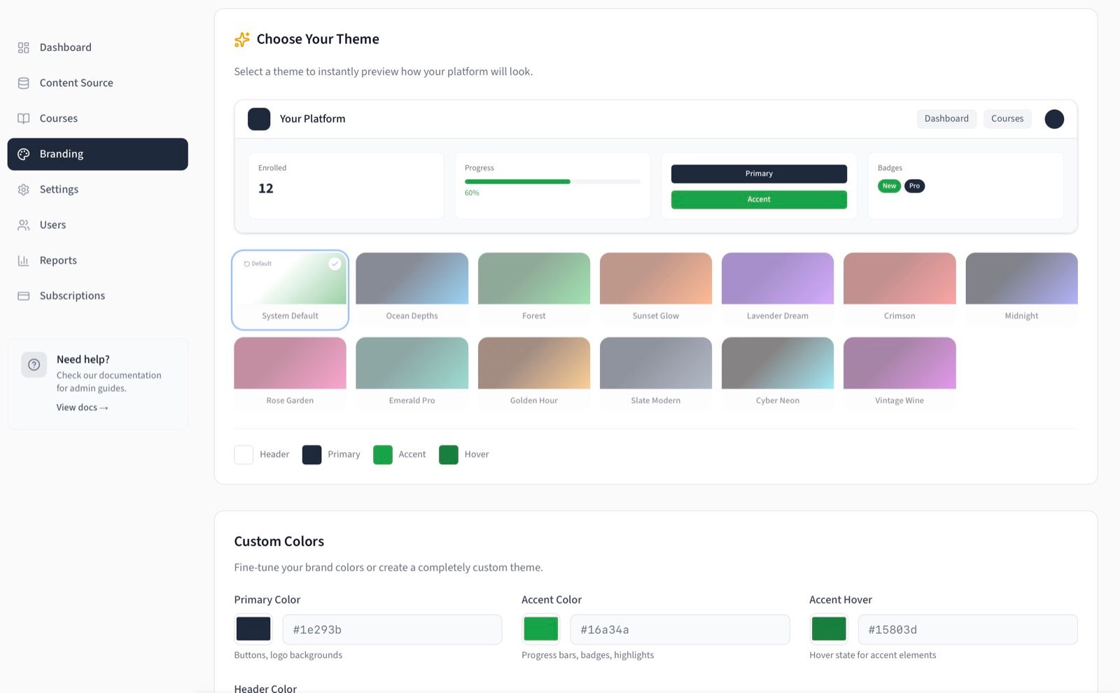 LMSMore branding customization with theme selection and color picker