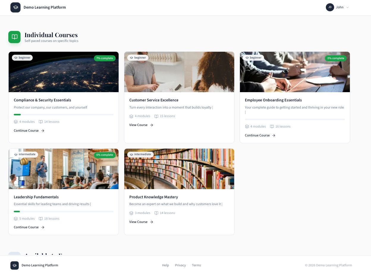 LMSMore dashboard showing course catalog with progress tracking